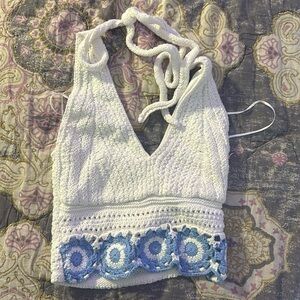 HOLLISTER embroidered blue and white halter top